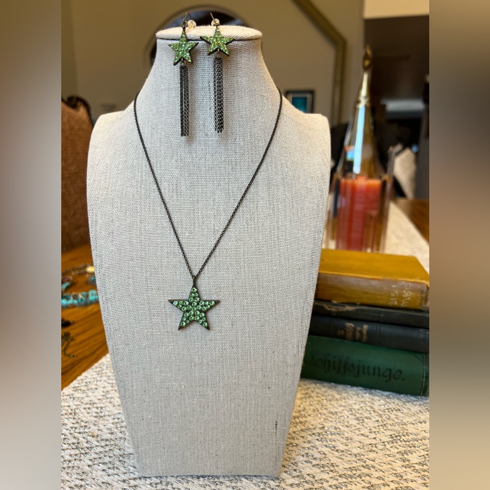 Necklace - MMW with green rhinestones in bronze chain.  Also marching earrings.